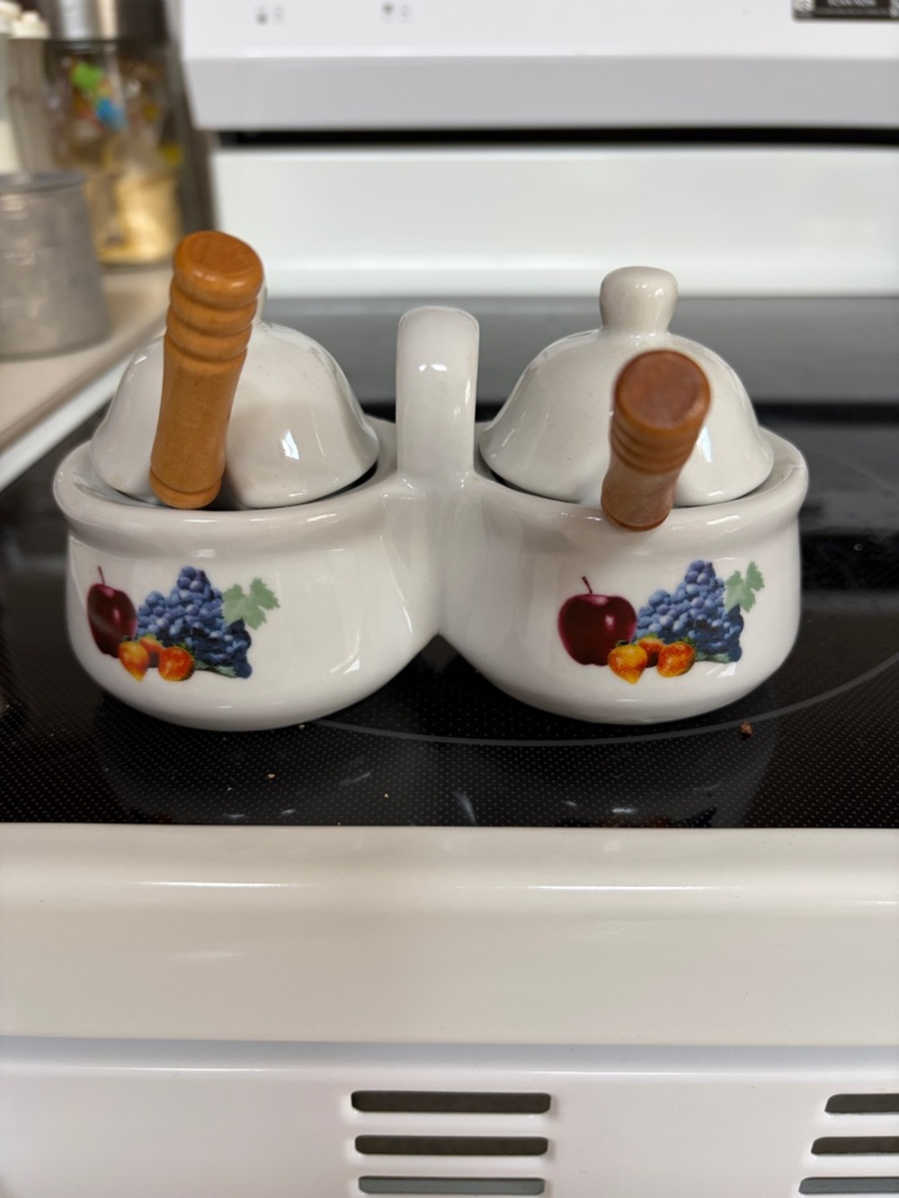 Ceramic Double Condiment Set with Fruit Motif and Wooden handled Spoons